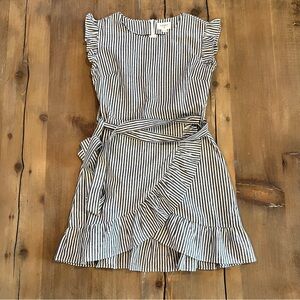 Everly Pinstriped Ruffle Trim Cap Short Sleeve Shift Dress